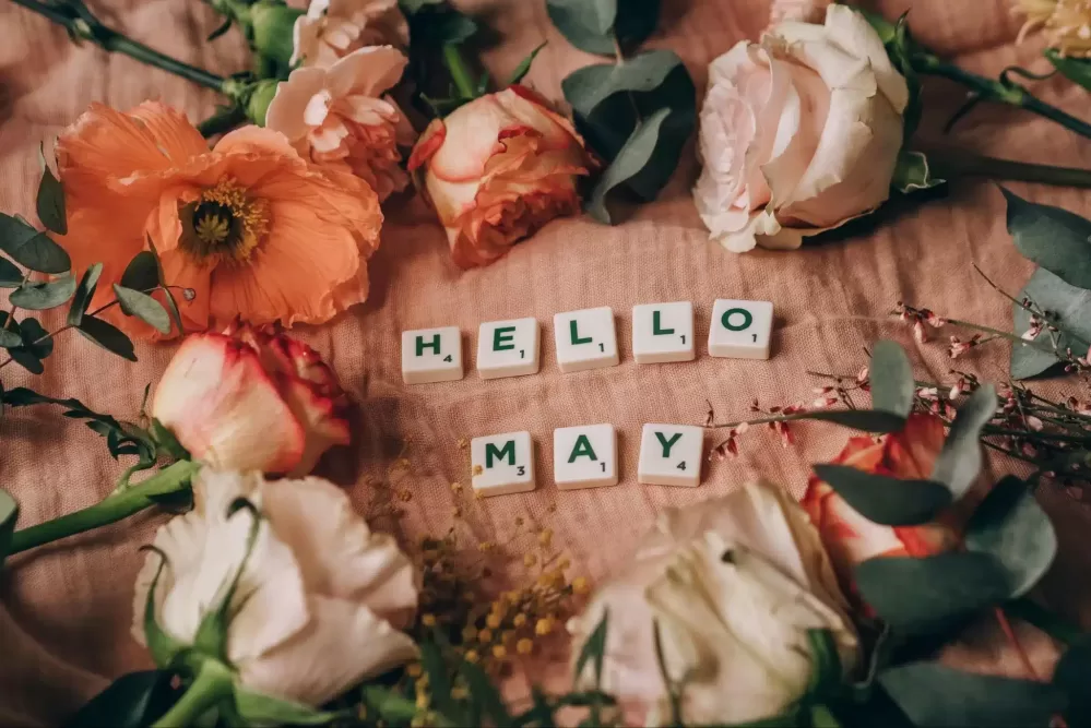 Colorful flowers surround wooden letters spelling "hello May," creating a cheerful springtime display.